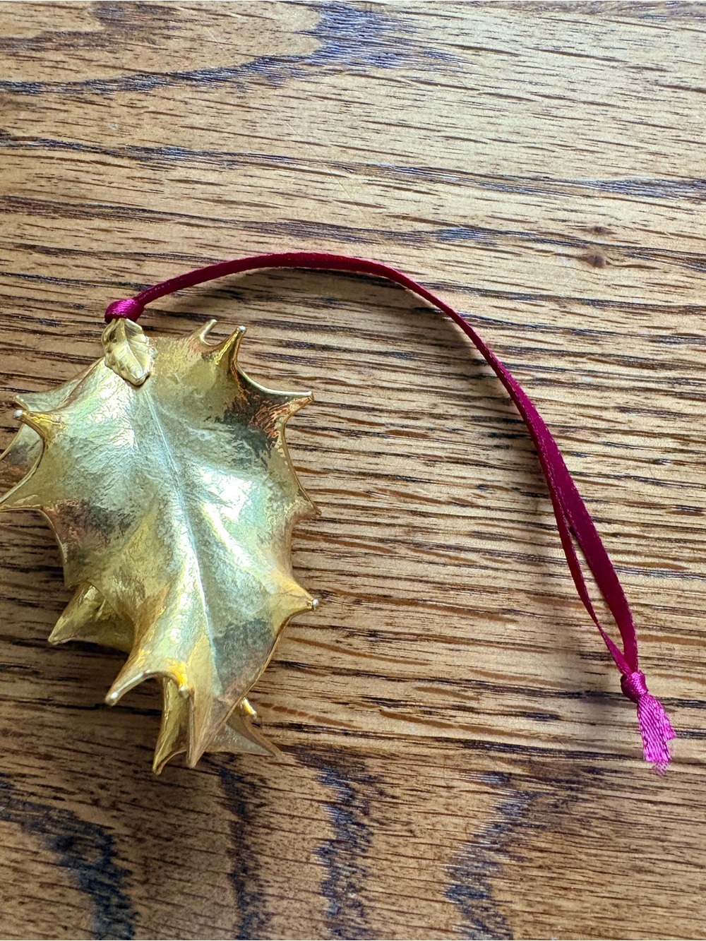 24K Gold Holly Leaf Hanging Christmas Ornament with Burgundy ribbon hanger - Picture 7 of 8